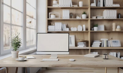 Elegant home office with monitor on wooden desk, bookshelves, natural light