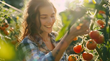 Smiling woman harvesting tomatoes in vegetable garden : Generative AI