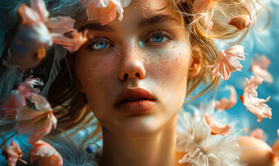 Obraz premium Ethereal Woman Surrounded by Blossoms Radiating Grace and Creativity in Dreamy Soft Light Portrait Concept