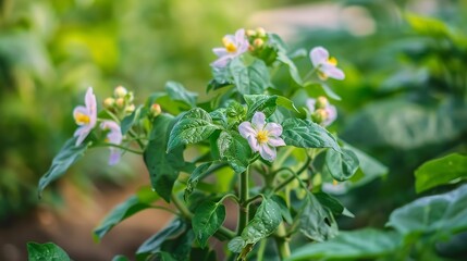 Potatoes flowers blossom flowering potato plant Close up organic vegetable flowers blossom growth in garden : Generative AI