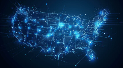 Abstract Digital Map of USA with Glowing Connections Representing Data Transfer and Connectivity on Dark Blue Background