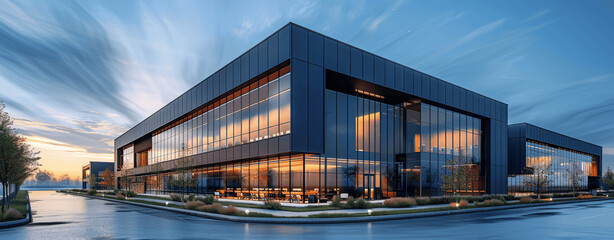Modern Glass Facade Industrial Building at Blue Hour for R&D or Logistics Center