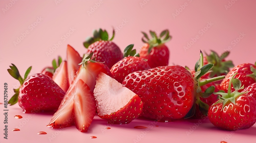 Poster the composition of strawberries on a colored background cut strawberries into pieces with copy space