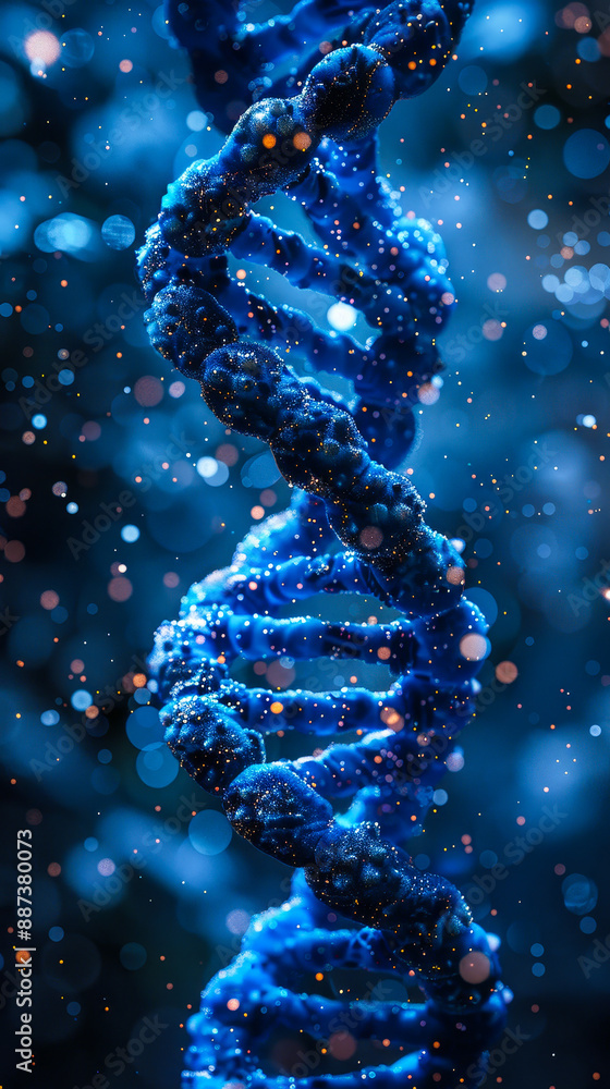 Poster close-up macro view of blue dna helix under microscope, chromosome structure with sparkling molecule
