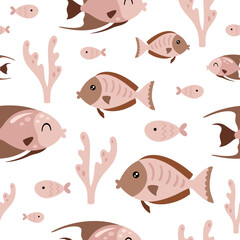 Fish seamless pattern in flat style. Sea digital paper. Ocean scrapbooking paper, background, print. Hand drawn vector pattern