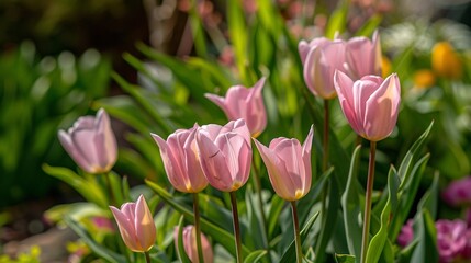 Fototapeta premium Pink tulips blooming in a spring garden : Generative AI