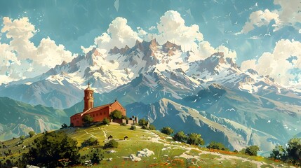 Illustrate the Gergeti Trinity Church perched atop a hill with the Caucasus Mountains in the background.