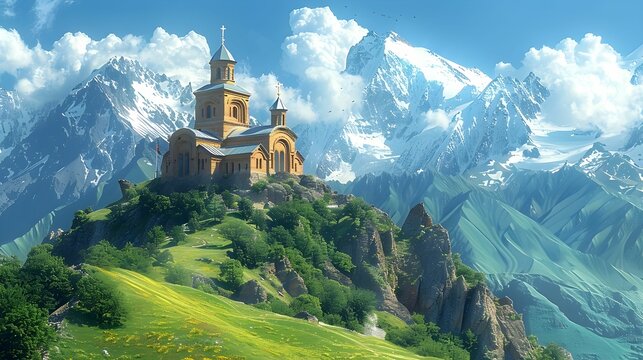 Illustrate the Gergeti Trinity Church perched atop a hill with the Caucasus Mountains in the background.