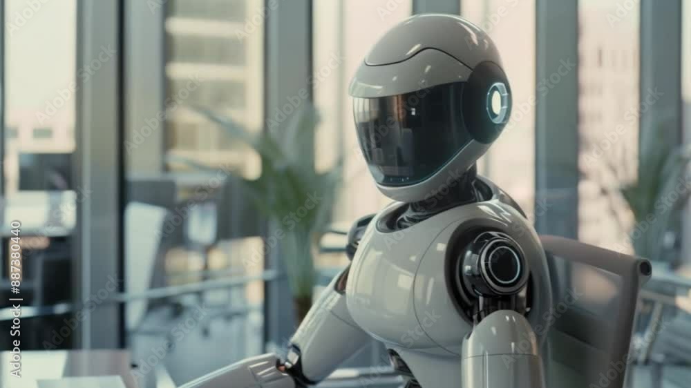 Aufkleber a white robot sits in a modern office setting with large windows.