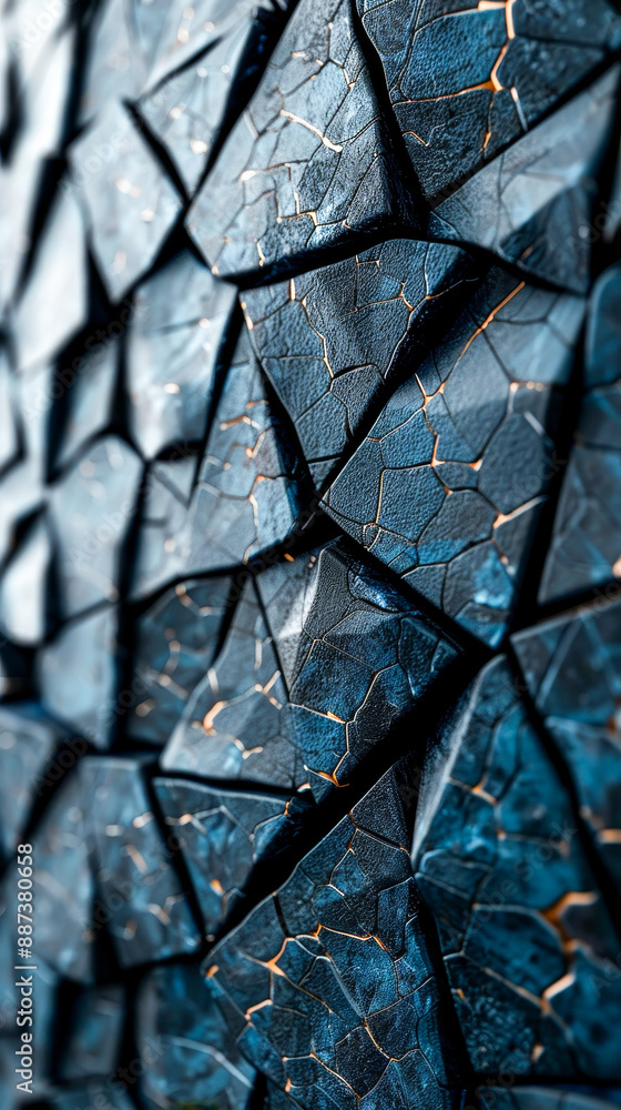 Poster futuristic 3d render of triangular tiles on polished black background creating sci-fi crackled wall 