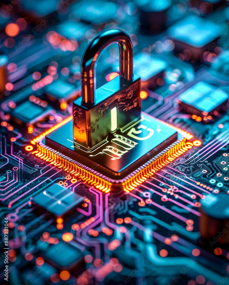 Poster cyber security concept with lock on microchip circuit board at night illustrating digital protection