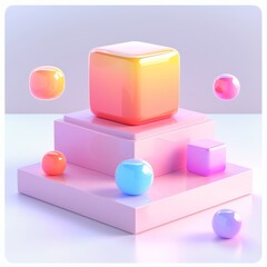 Fototapeta premium Abstract Futuristic 3D Render Minimalistic Style with Floating Geometric Shapes Isometric Design, Light Color Theme, Bright Background, and Soft Lighting