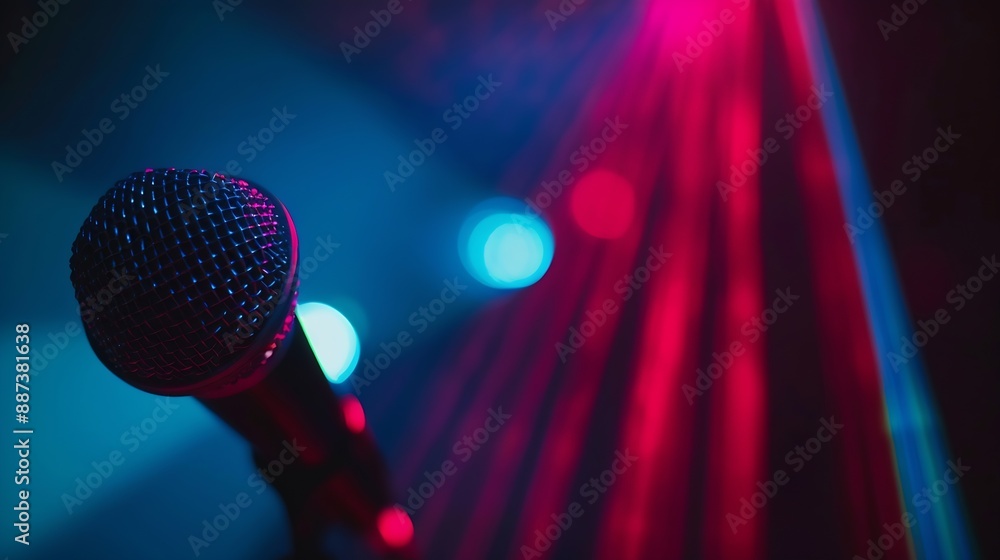 Aufkleber Professional microphone on black background with bokeh lights in rays of bluered light closeup Web banner with copy space for design : Generative AI