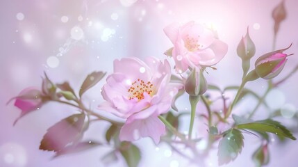 Fototapeta premium Branch of the flowering wild dogrose with light pink flowers leaves and flower buds on a light background closeup : Generative AI