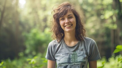 Fototapeta premium Passionate Female Environmental Activist Wearing Slogan T-Shirt Smiling Warmly at Park Highlighting Dedication to Conservation and Nature Preservation