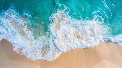 Fotobehang Aerial view of a beach with nice waves and shades of blues Beautiful beach and scenes : Generative AI © Generative AI