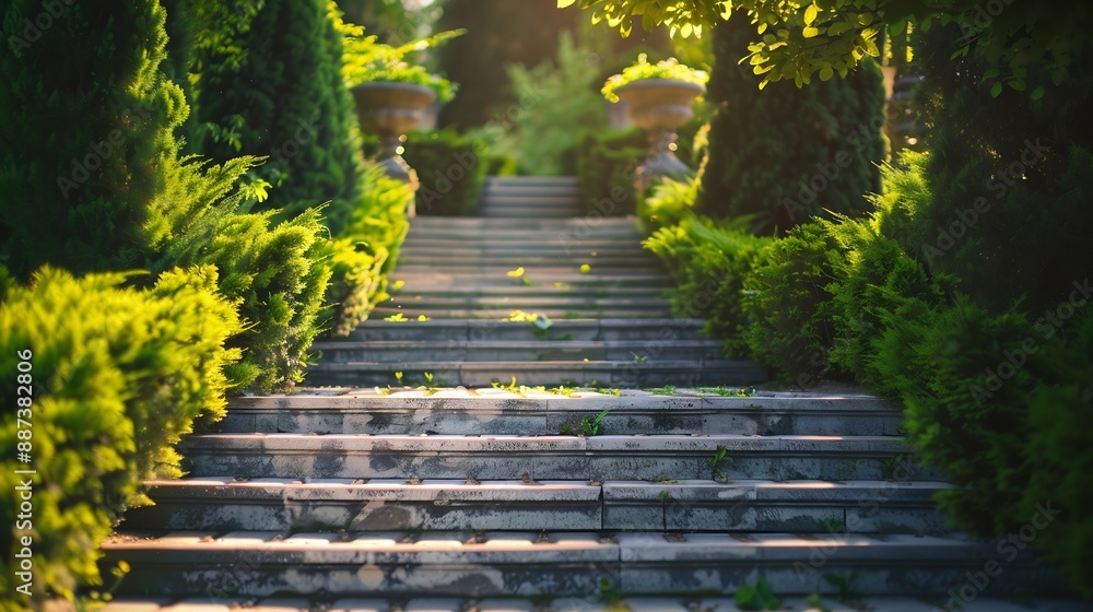 Poster cozy park with a beautiful staircase paths and juniper bushes wide photo : generative ai