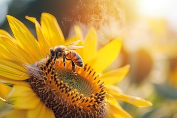 Close-up of Honey Bee on Sunflower in Garden