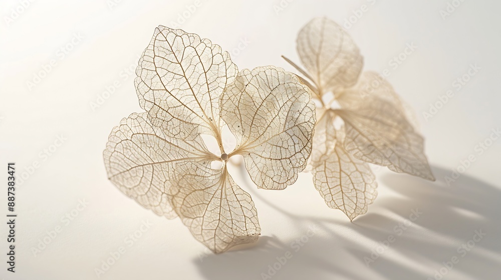 Poster macro closeup of dried dry delicate skeleton leaves petals of hydrangea flowers blooms isolated on w