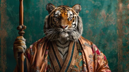 A portrait of tiger in a silk robe, with a large ornate cane, against a turquoise studio backdrop 