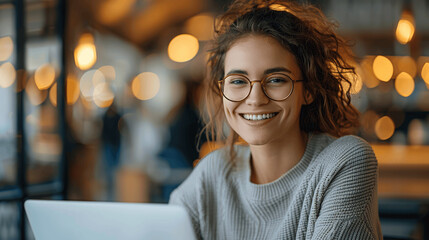 Obraz premium Young Woman with Glasses Smiling While Working on Laptop in Office or Cafe