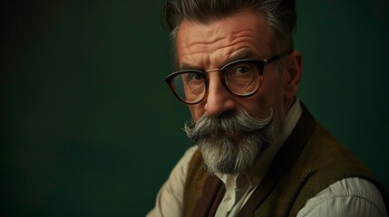 Obraz premium Bookkeeper Portrait of retro mature man with moustache and beard in eyeglasses posing in vintage fashion clothes over dark green background Concept of retro style emotions business wor : Generative AI