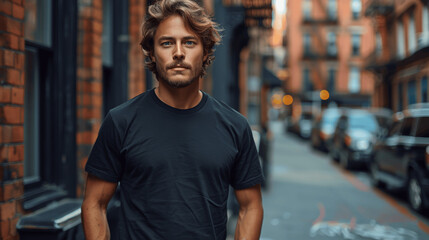 Obraz premium Young Male Model in Black T-Shirt Streetwear Mockup New York City