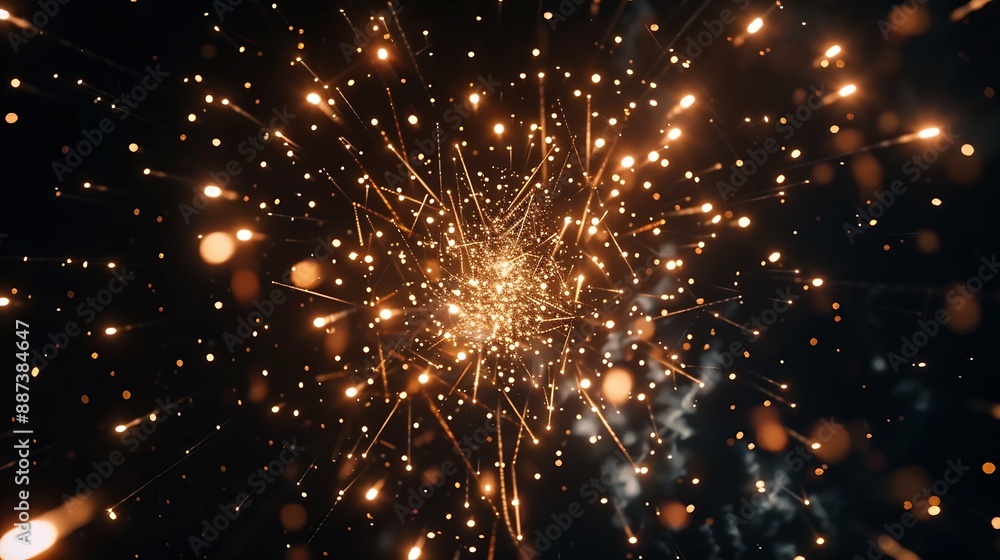 Poster from below shot of wonderful vivid fireworks exploding on background of black night sky : generative