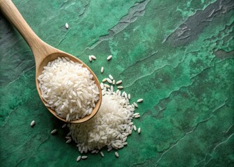 Spoon of uncooked white rice on a green marble table, top view, with negative space for text, highlighting healthy nutrition and agricultural product concept.