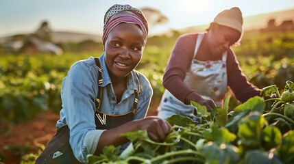 Two African female farmers business women or entrepreneurs working on a farm in preparation for harvest and success of the farming business : Generative AI
