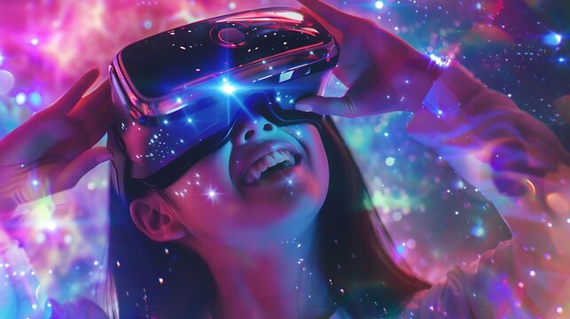 Enthusiastic smiling Asian woman looking through VR headset metaverse and touching in neon digital universe starry zodiac with virtual space exploration on vibrant abstract background : Generative AI