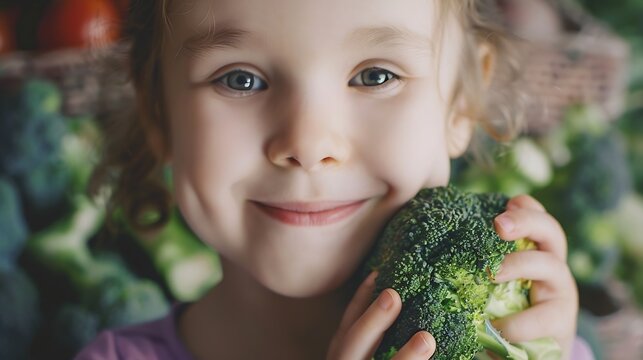 Child with broccoli healthy vegan food organic vegetables harvest plant based diet nutrition funny 3 years old girl happy smiling kid : Generative AI