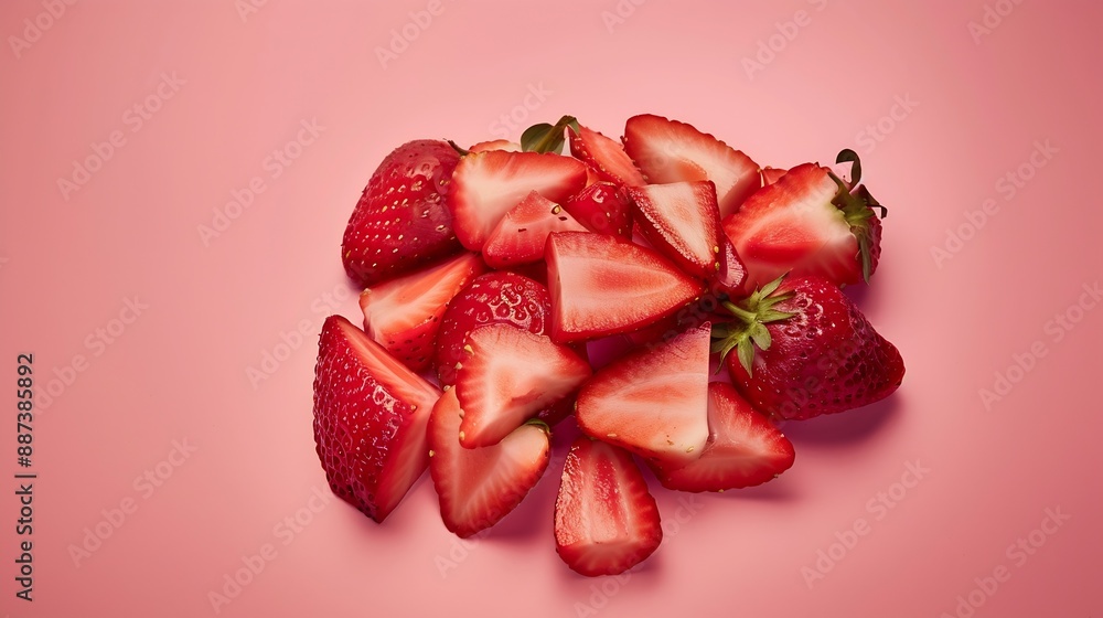 Poster the composition of strawberries on a colored background cut strawberries into pieces with copy space