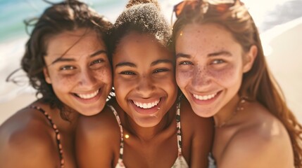Obraz premium Three young women happy and smiling on the beach : Generative AI