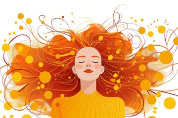 Woman with curly hair surrounded by orange swirls, capturing a vibrant, dynamic energy with bold, warm hues in a modern, expressive illustration style.