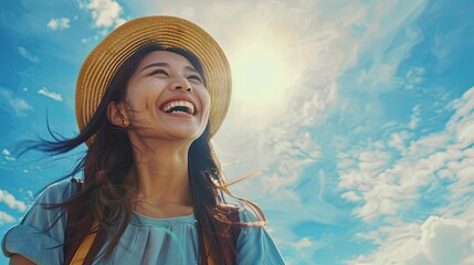 Happy Asian woman traveling with backpack on her shoulder