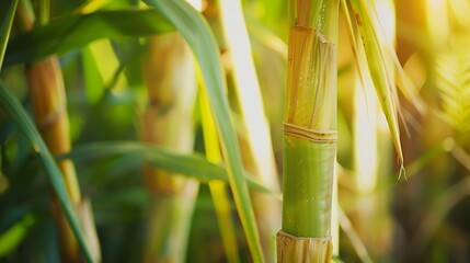 Obraz premium Sugar cane stalks with sugar cane plantation background : Generative AI