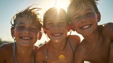 Four Smilng Sunburned Siblings on Vacation Smile at Camera : Generative AI