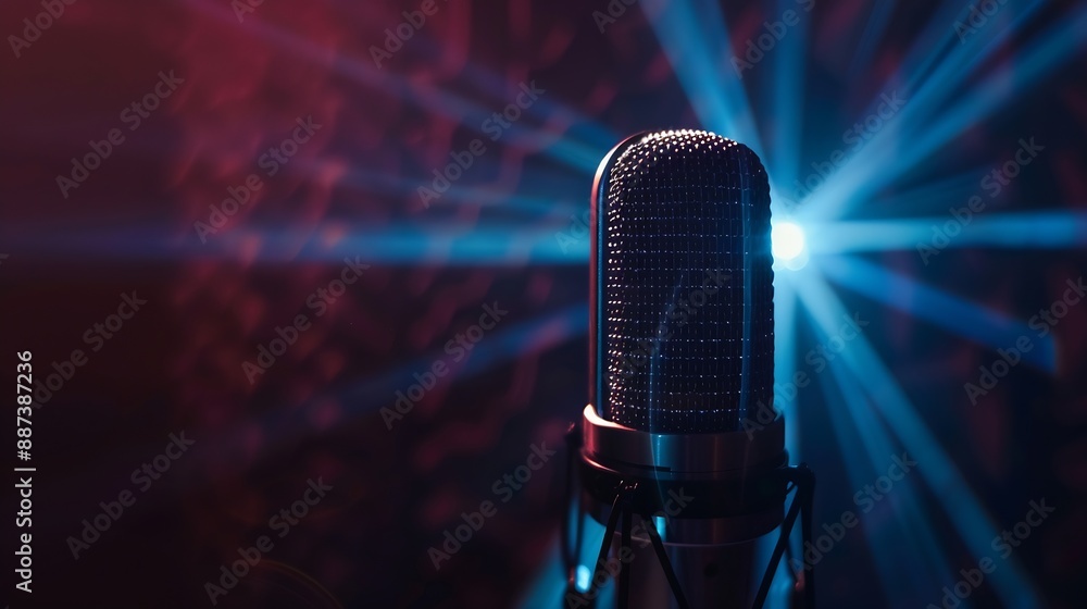 Aufkleber Professional microphone on black background with bokeh lights in rays of bluered light closeup Web banner with copy space for design : Generative AI