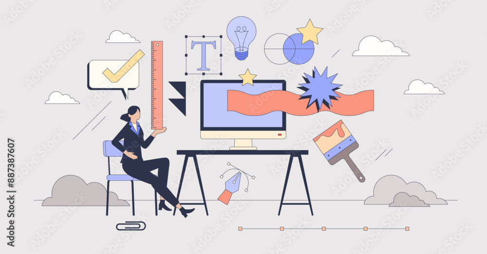 Poster logo design and sketch creation tiny person neubrutalism concept. business visual communication draw