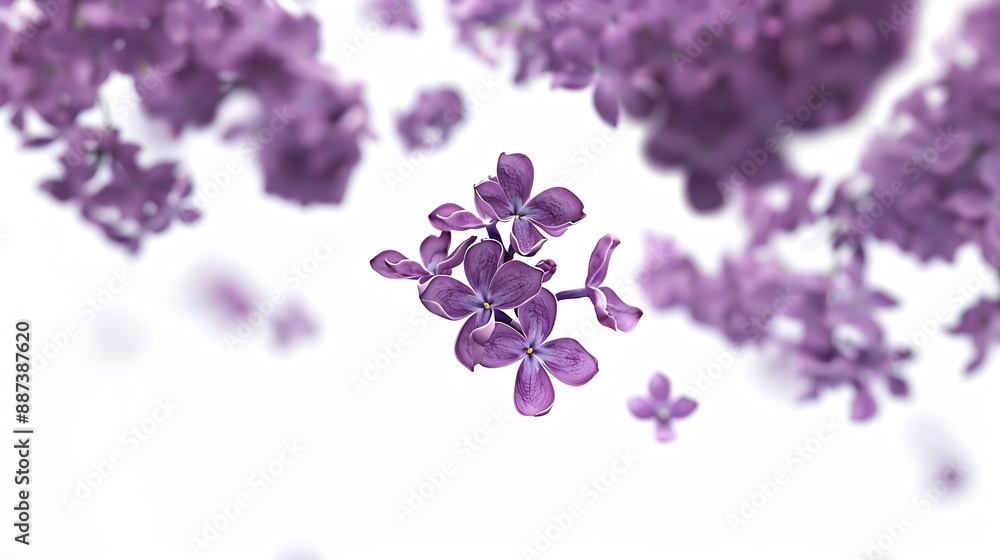 Poster Fresh lilac blossom beautiful purple flowers falling in the air isolated on white background Zero gravity or levitation spring flowers conception high resolution image : Generative AI