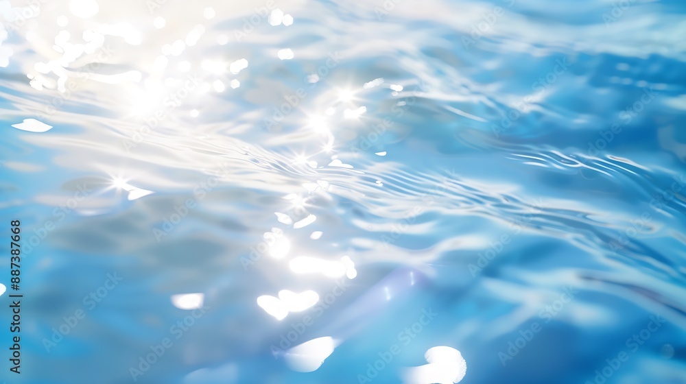 Poster Flowing water with shining wave texture on a vibrant sunlight blue background Abstract Water surface background idea Abstract summer template background : Generative AI