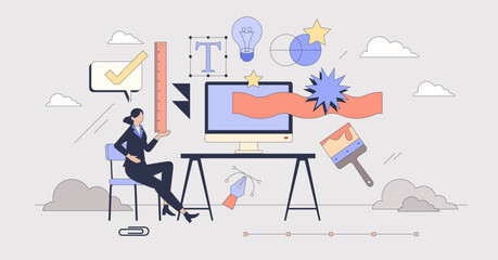 Logo design and sketch creation tiny person neubrutalism concept. Business visual communication drawing using digital tools vector illustration. Designer work for new company identity and logotype.