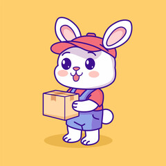 Obraz premium Cute rabbit courier carrying package cartoon vector illustration