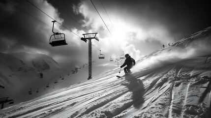 Snowboarder descends on snowy ski slope at winter mountains in sunny day Chairlift and sky with snow at background Caucasus Mountains region Dombay Black and white toned image : Generative AI