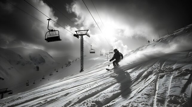 Snowboarder descends on snowy ski slope at winter mountains in sunny day Chairlift and sky with snow at background Caucasus Mountains region Dombay Black and white toned image : Generative AI - Powered by Adobe