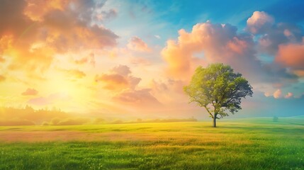Fototapeta premium Tranquil panoramic rural landscape scenery in an early summer morning after sunrise with a tree on green meadows and colorful clouds in the gold and blue sky : Generative AI