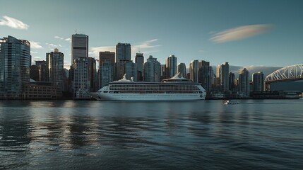 Fototapeta premium Vancouver British Columbia Canada Panoramic View of Downtown City Skyline Coal Harbour Cruise Ship and Port during a sunny day : Generative AI