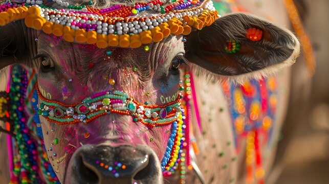 The ox model decorated with colorful beads is the protagonist of the bumba boi festival in Maranho Brazil : Generative AI