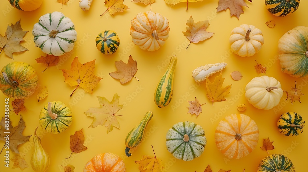 Poster overhead shot of various pumpkins and autumn leaves arranged on a vibrant yellow backdrop perfect fo